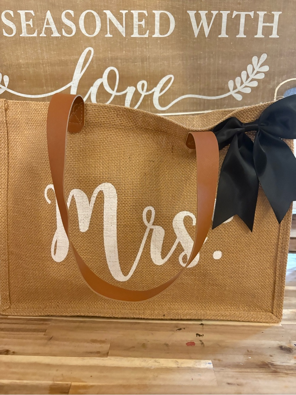 Tote Bag with Brown Handles and Black Bow
